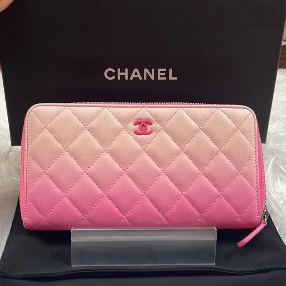 RARE Chanel pink Ombre quilted lambskin long zippered wallet a/ pink cc ! - Picture 12 of 17